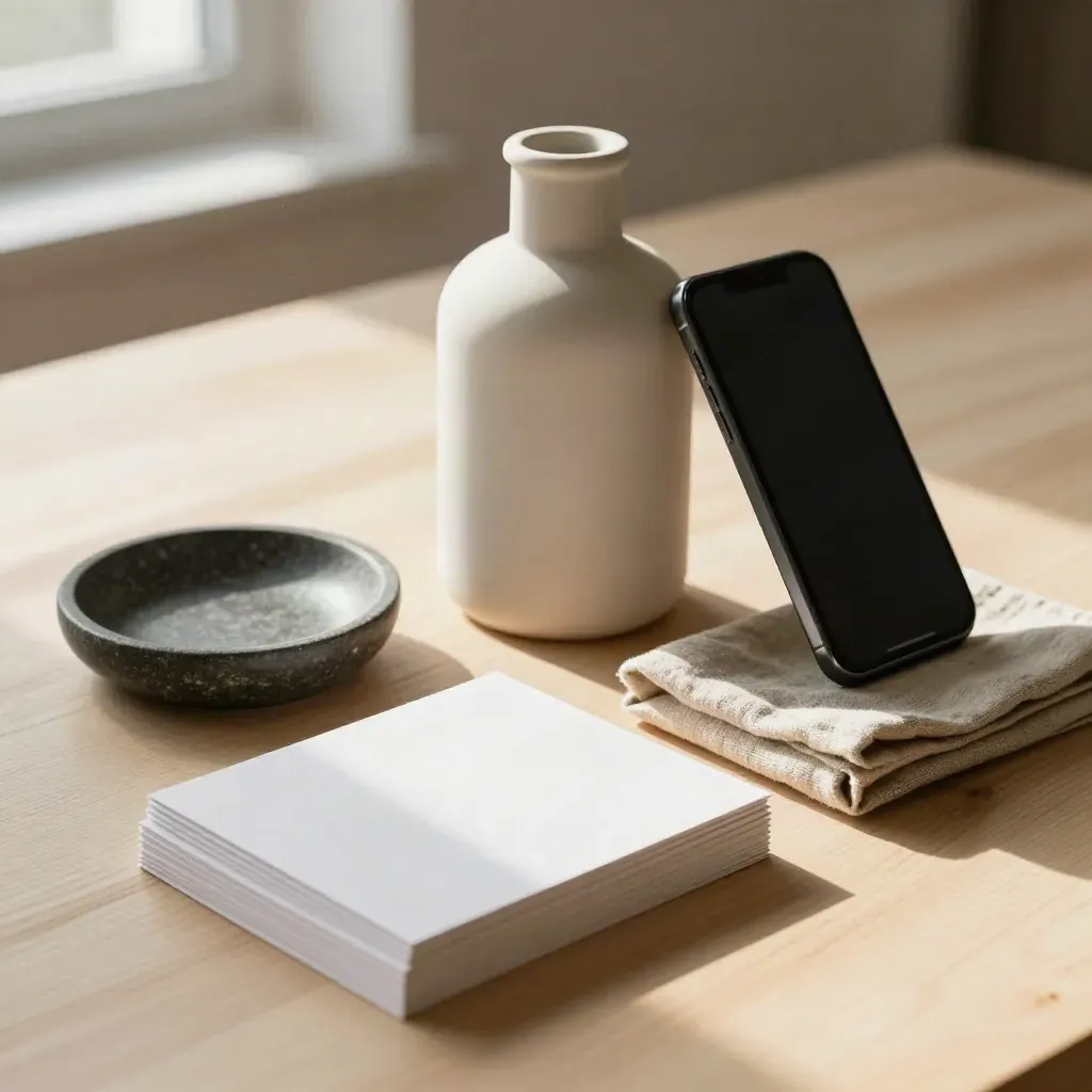 Launch kit on a pale wood table with diffuser bottle, linen, cards, stone dish, and phone