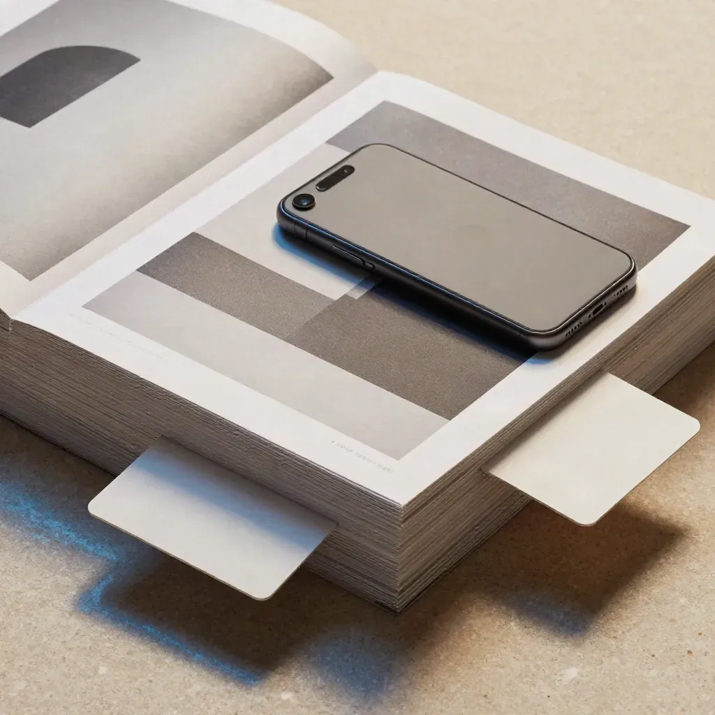 Diagonal stack of ad proofs, matte cards and a phone on travertine