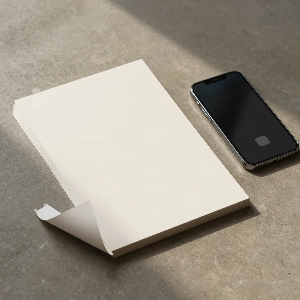 Overhead flat lay of six ad-frame prints, a phone, and a slate chip on a studio surface.