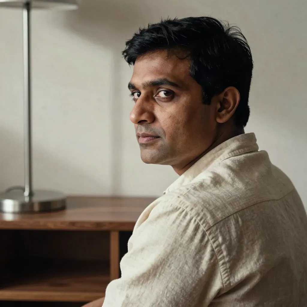 South Asian founder portrait in warm studio light beside travertine and silver accents.