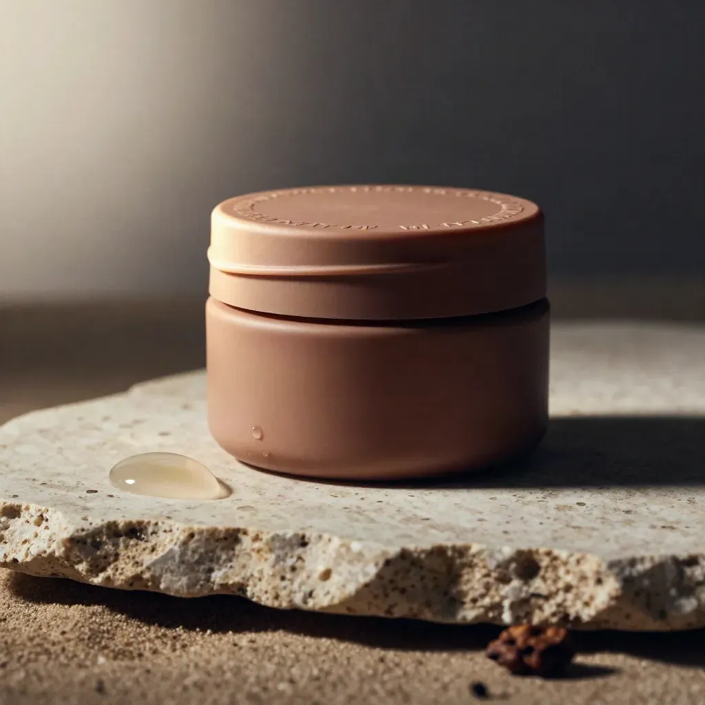 Matte balm jar with embossed cap and droplet on travertine, lit by a hard upper-left beam.