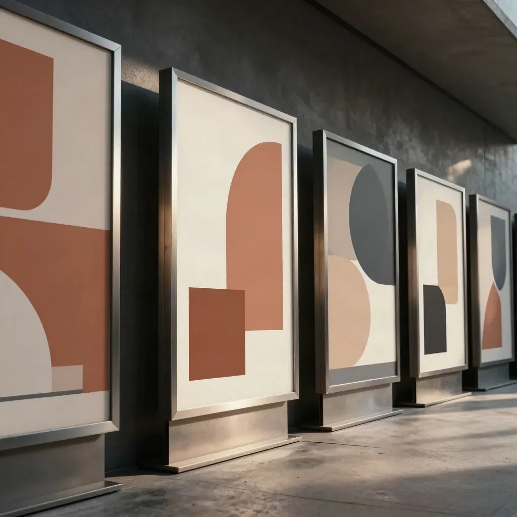 Diagonal row of ad boards with abstract shapes and a phone mockup in moody light.