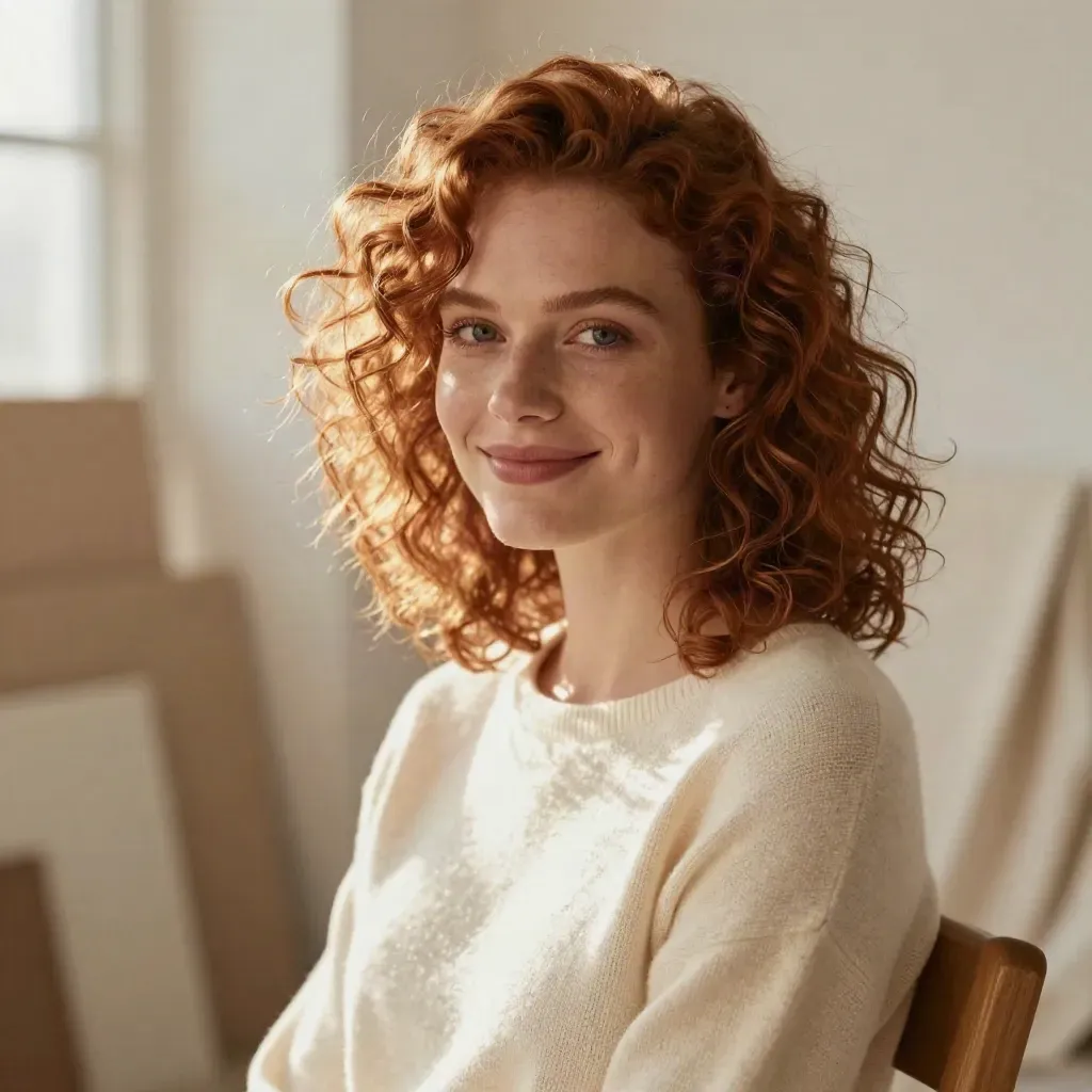 Warm studio headshot of a red-haired producer smiling in soft window light.