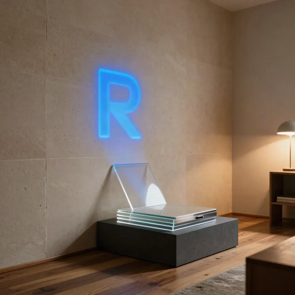 Blue logo light projected on a matte wall beside a low pedestal in a cozy studio corner.