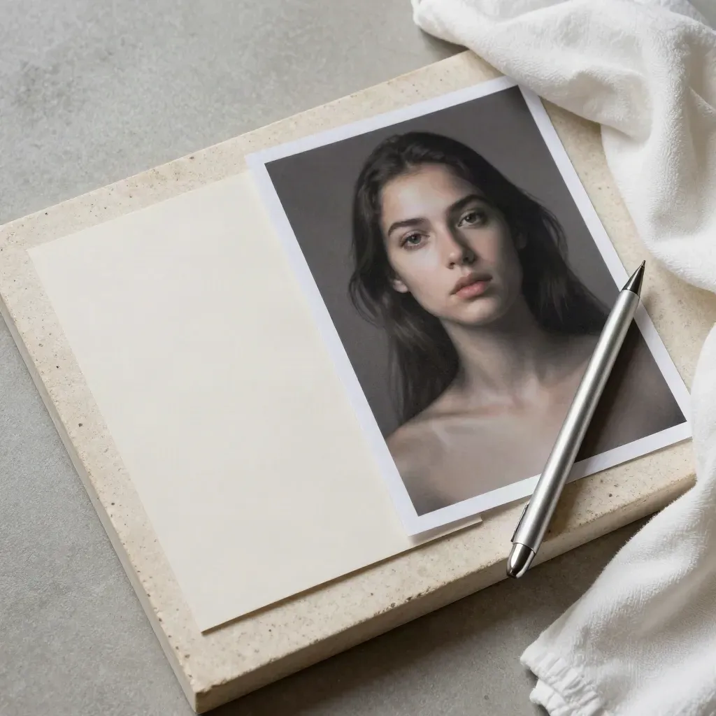 Stone tray with color sheets, blurred portrait proof, silver stylus, and folded cloth